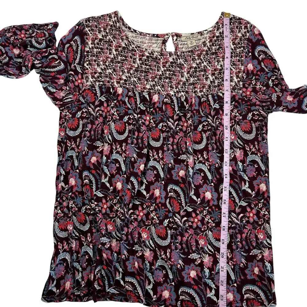 Lucky Brand Paisley Floral Smocked Top Women Medium Burgundy 3/4 Sleeve